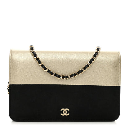 Chanel Metallic Caviar Suede Wallet On Chain WOC Gold Black 1 of 12