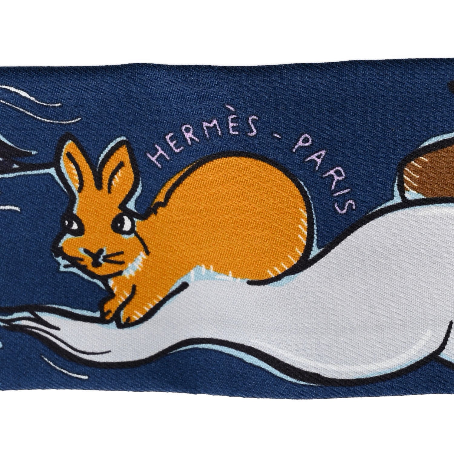 Hermes Silk Mille Et Un Lapins Twilly Marine Cobalt Miel 2 of 4