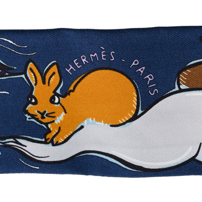 Hermes Silk Mille Et Un Lapins Twilly Marine Cobalt Miel 2 of 4