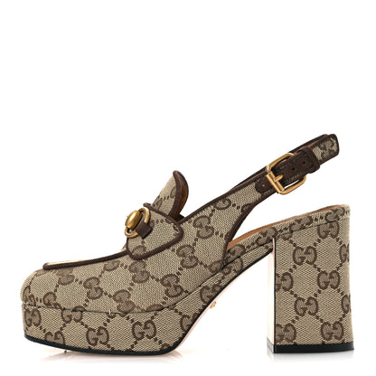 Gucci Monogram Kid Scamosciato Horsebit Platform 25/85mm Slingback Mules 35.5 Beige Ebony New Acero 1 of 12