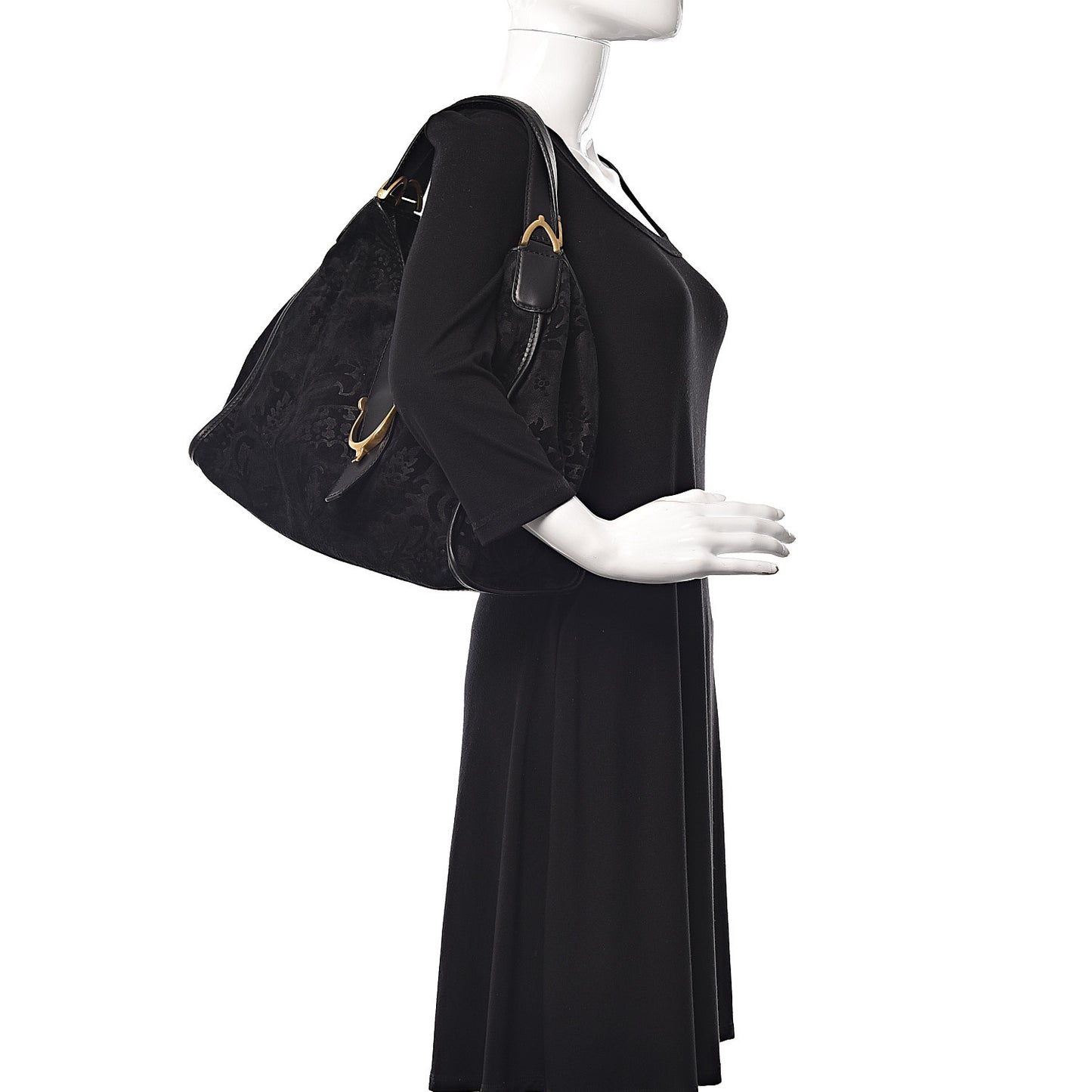 Nubuck Brocade Medium Soft Stirrup Shoulder Bag Black