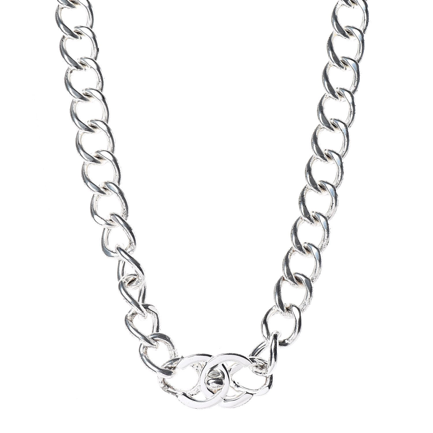 Chanel Chain Link CC Turn Lock Choker Necklace Silver 1 of 7
