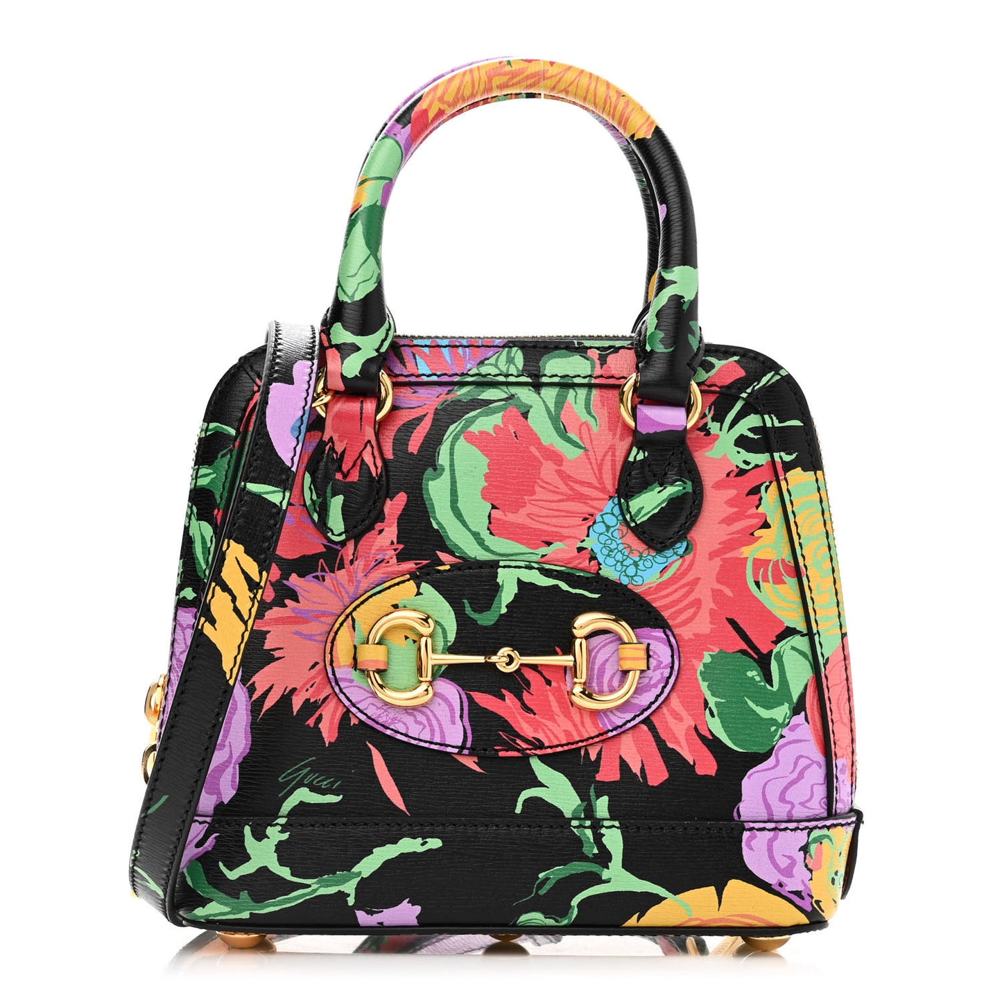 X KEN SCOTT New Shangai Calfskin Jenny Floral Print Mini Horsebit 1955 Top Handle Bag Black Pink