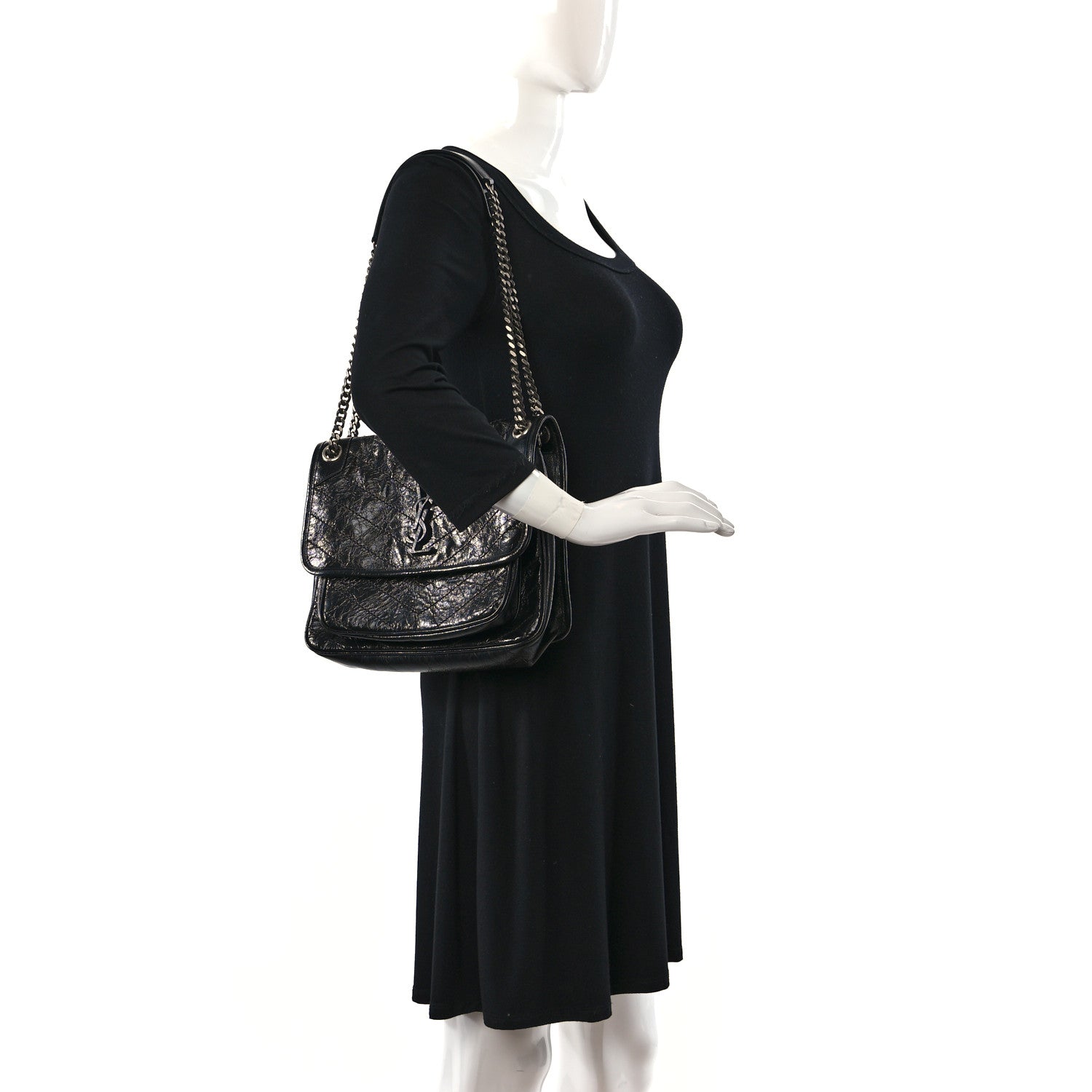 Saint Laurent Crinkled Calfskin Matelasse Monogram Medium Niki Chain Satchel Black 2 of 11