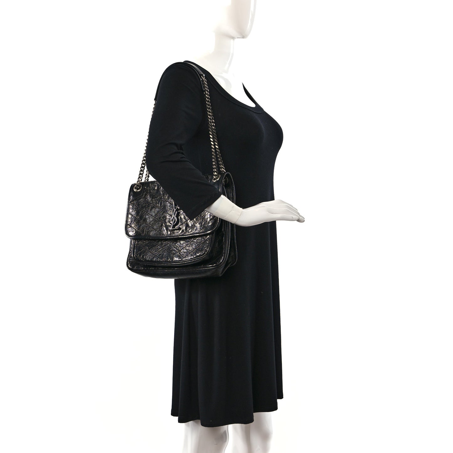 Crinkled Calfskin Matelasse Monogram Medium Niki Chain Satchel Black