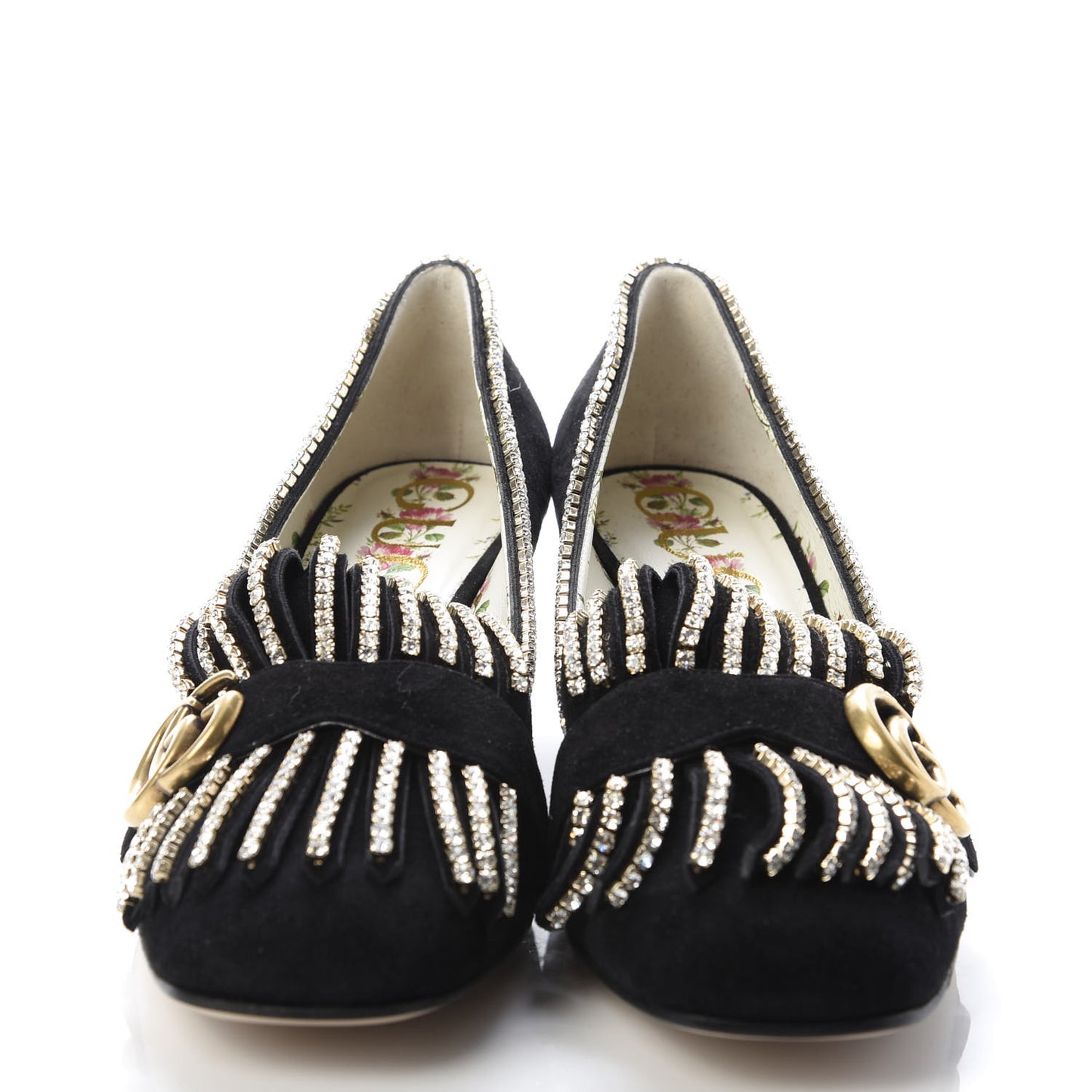 Kid Scamosciato Crystal GG Marmont Fringe 50mm Loafer Pumps 39 Black