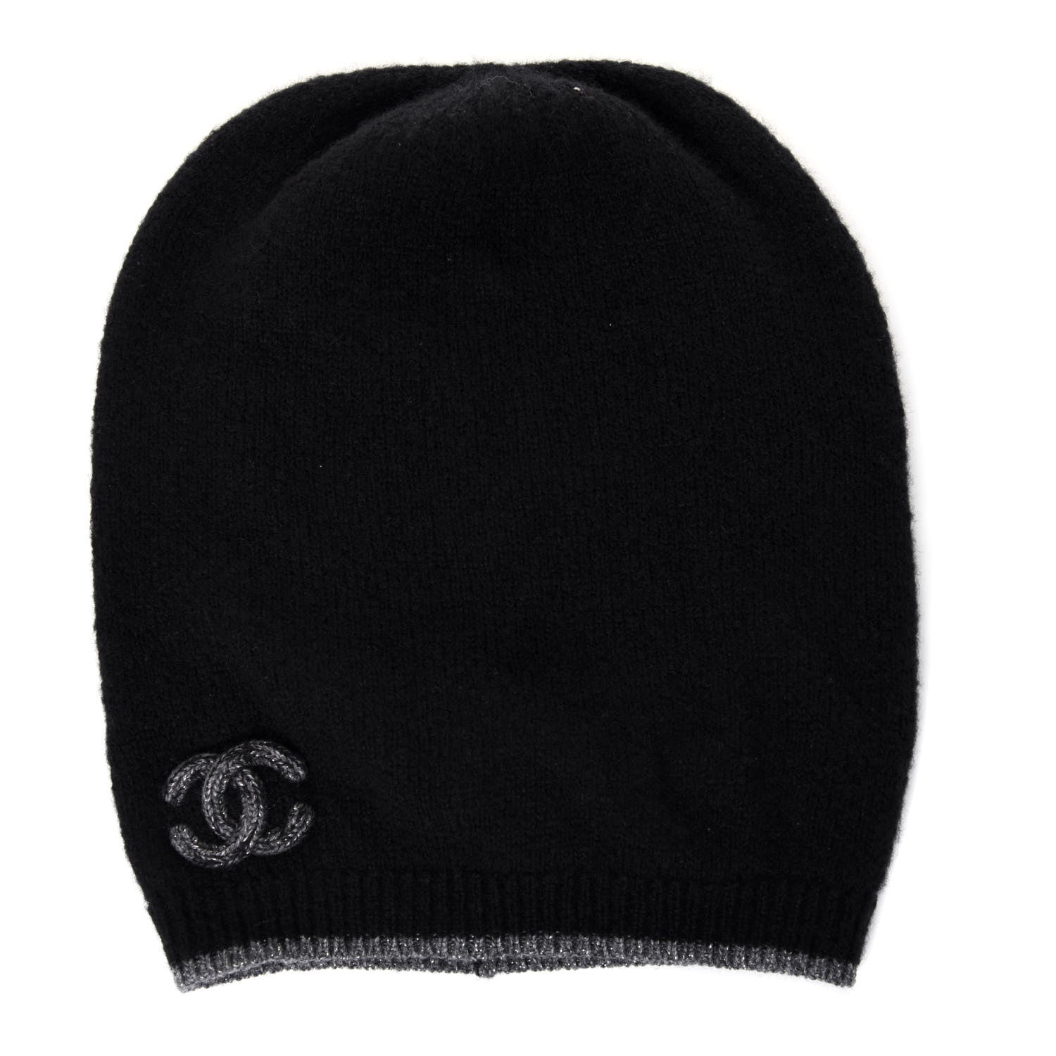 Chanel Cashmere CC Beanie Hat Black Grey 1 of 4