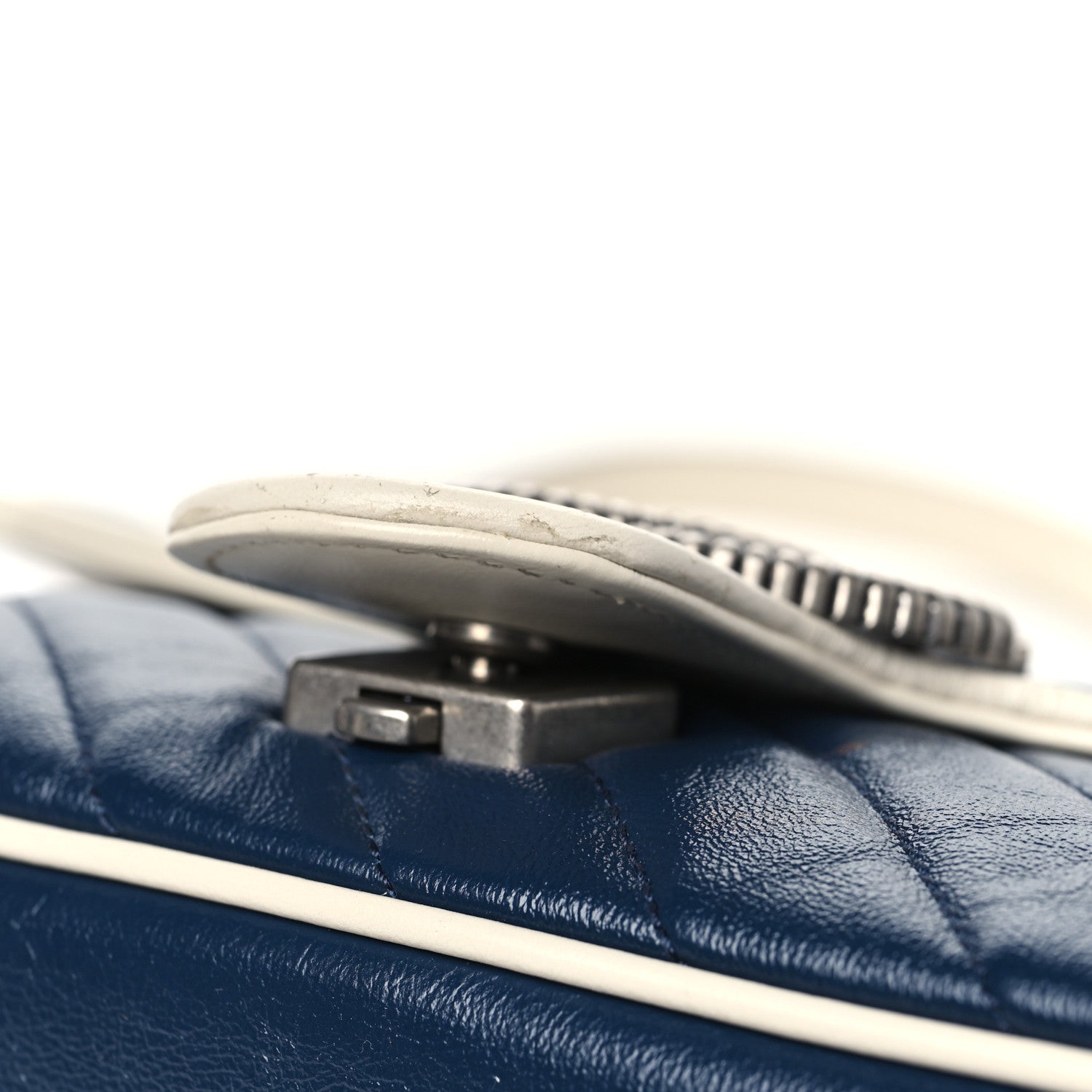 Gucci Vintage Effect Calfskin Matelasse Diagonal Small Torchon GG Marmont Shoulder Bag Blue Agata Mystic White 11 of 11