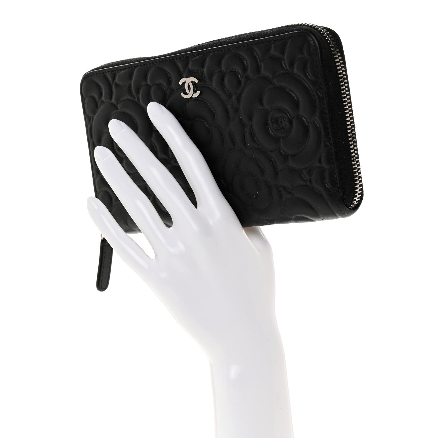 Chanel Lambskin Camellia Embossed Large Zip Around Gusset Wallet Black 2 of 12