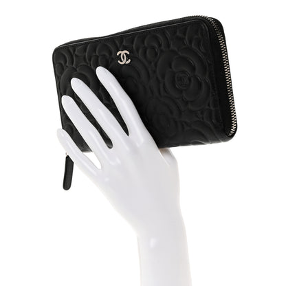 Chanel Lambskin Camellia Embossed Large Zip Around Gusset Wallet Black 2 of 12