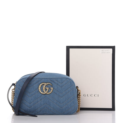 Gucci Denim Matelasse Small Pearly GG Marmont Chain Shoulder Bag Blue 10 of 10