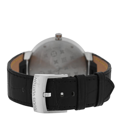 Louis Vuitton Stainless Steel Alligator Diamond 39mm Tambour Slim Quartz Watch Black 3 of 4