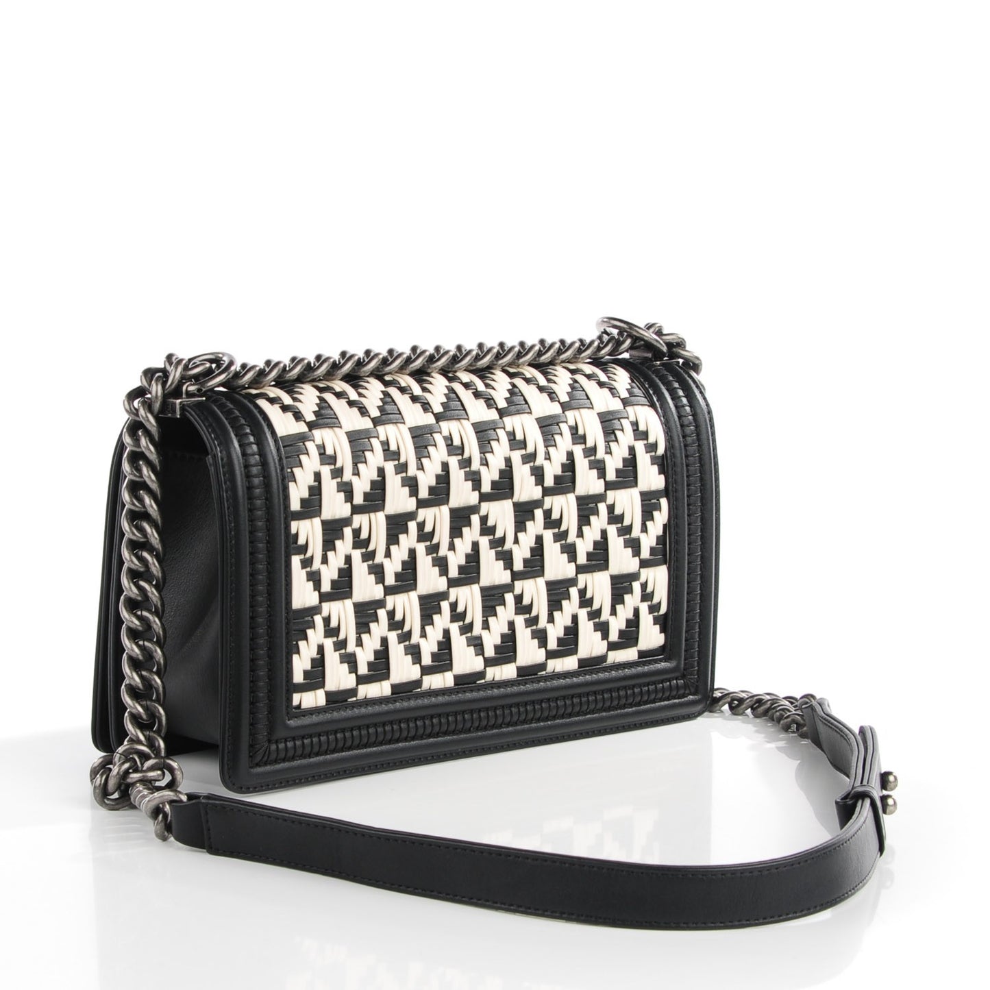 Calfskin Woven Medium Boy Flap Black White