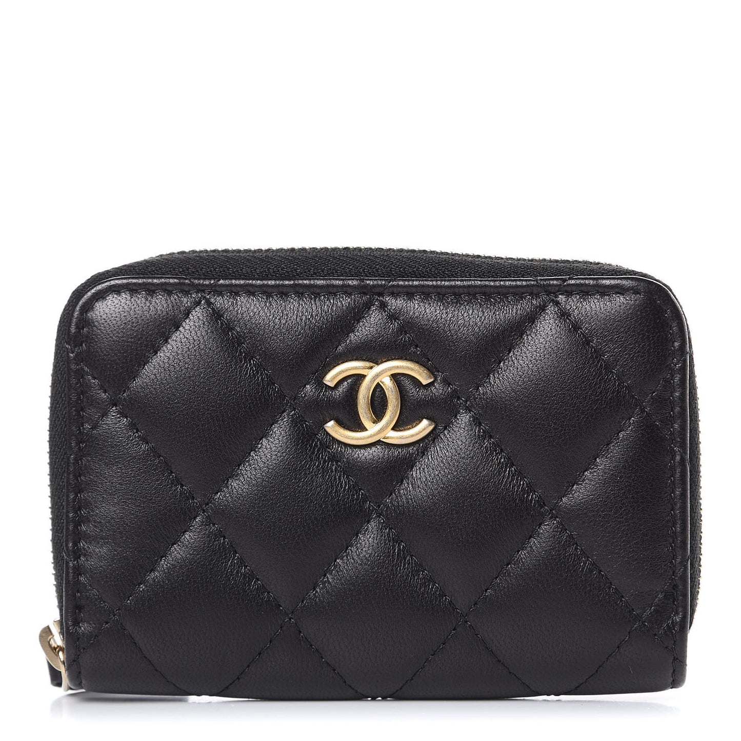 Lambskin Quilted Zip Around Coin Purse Wallet Black