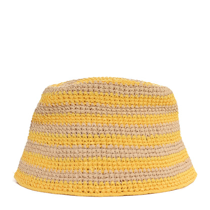Prada Raffia Striped Logo Embroidered Womens Bucket Hat M Naturale Giallo 6 of 8