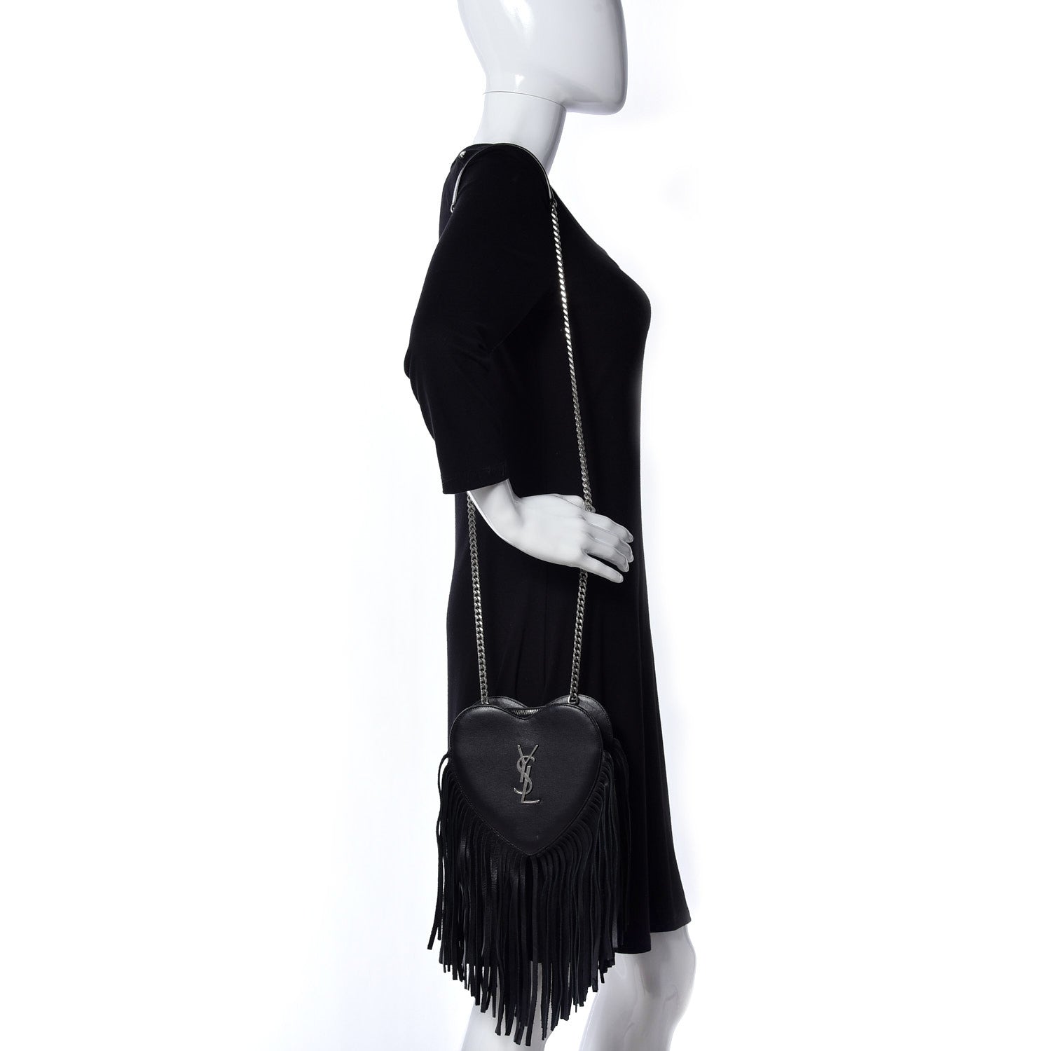 Saint Laurent Calfskin Fringe Small Monogram Love Shoulder Bag Black 1 of 9