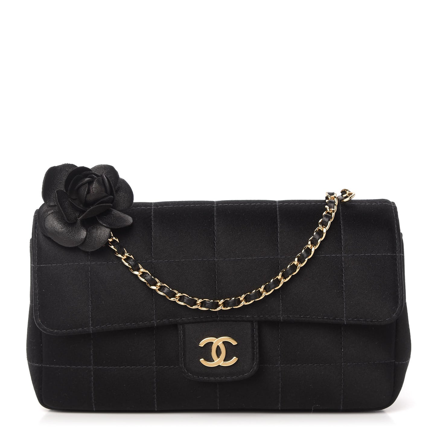 Satin Chocolate Bar Quilted Camellia Rectangular Mini Flap Black