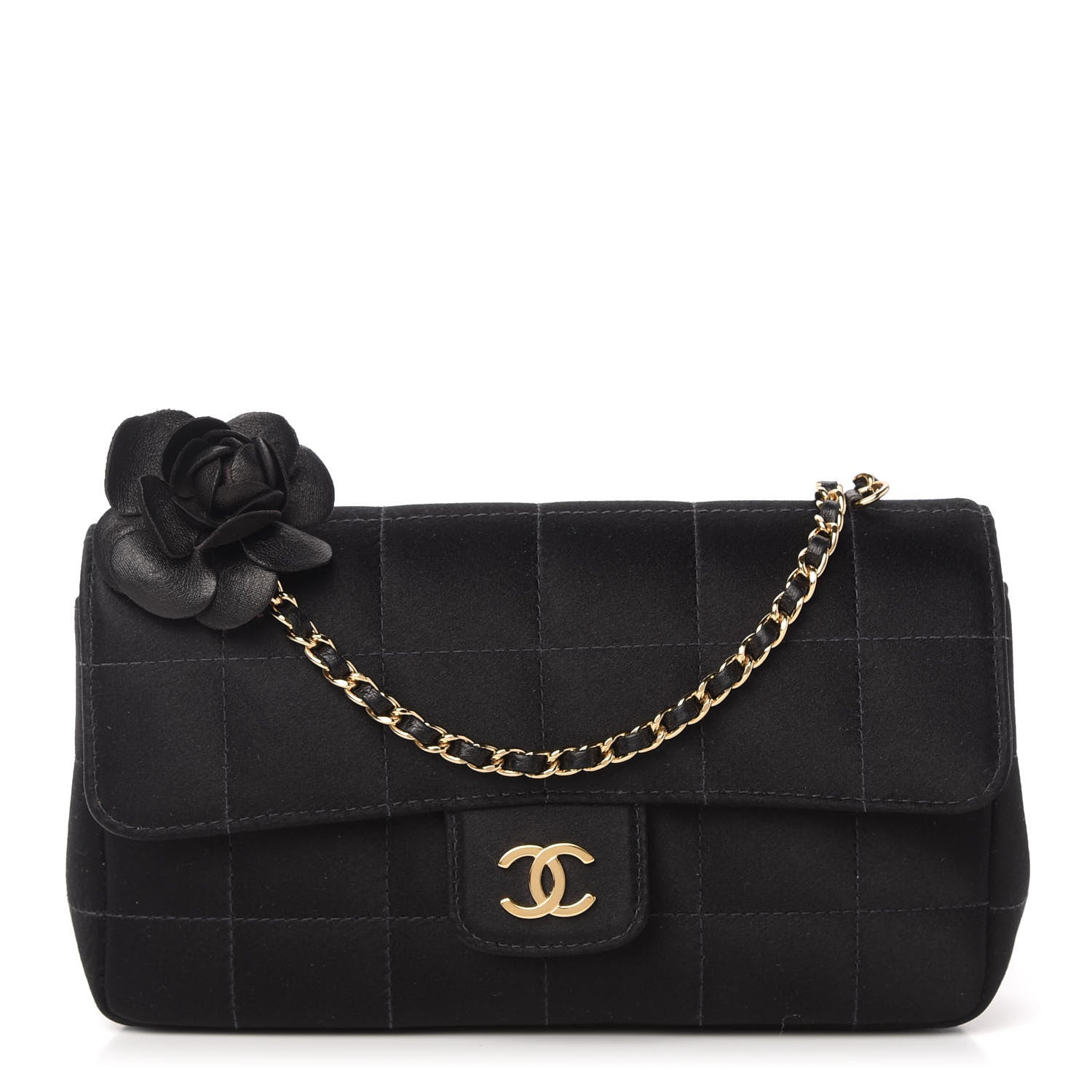 Chanel Satin Chocolate Bar Quilted Camellia Rectangular Mini Flap Black 1 of 11
