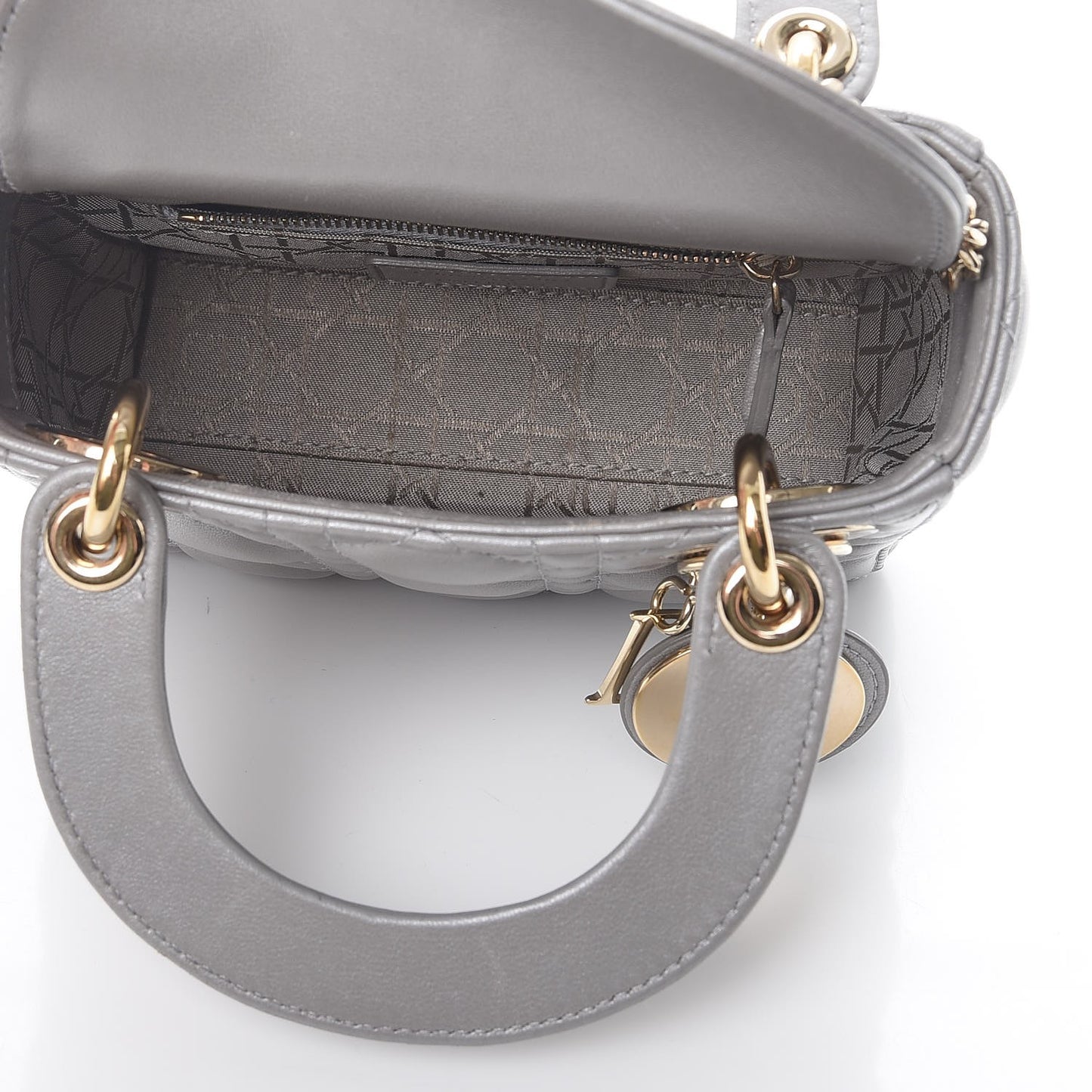 Metallic Lambskin Cannage Mini Lady Dior Grey