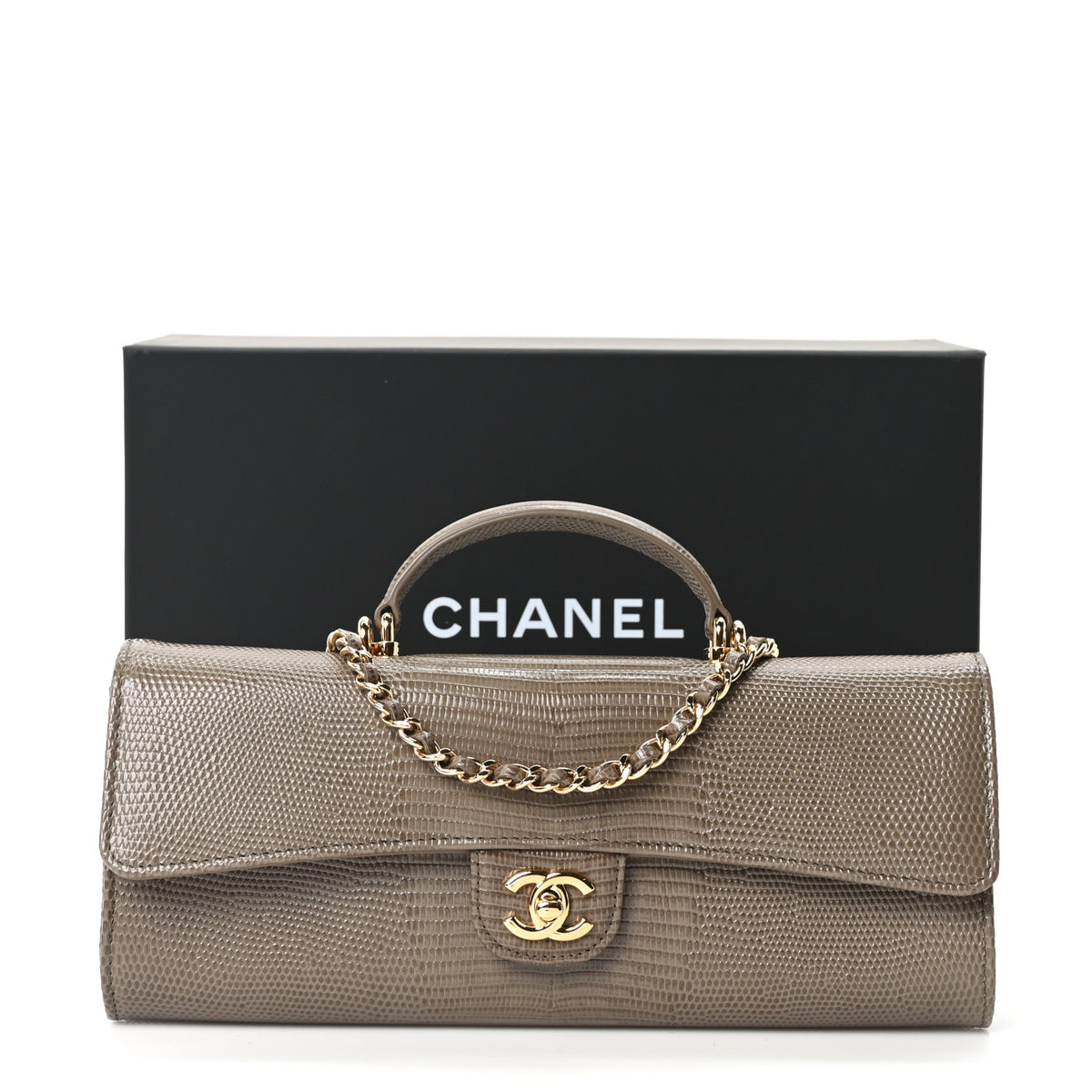 Chanel Calfskin Lizard Embossed Top Handle Long Clutch With Chain Dark Khaki 12 of 12