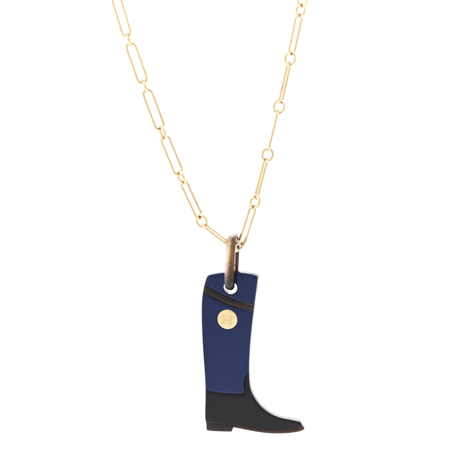 Hermes Permabrass Buffalo Horn Lacquered Boot Necklace Bleu Imperial Black 4 of 7