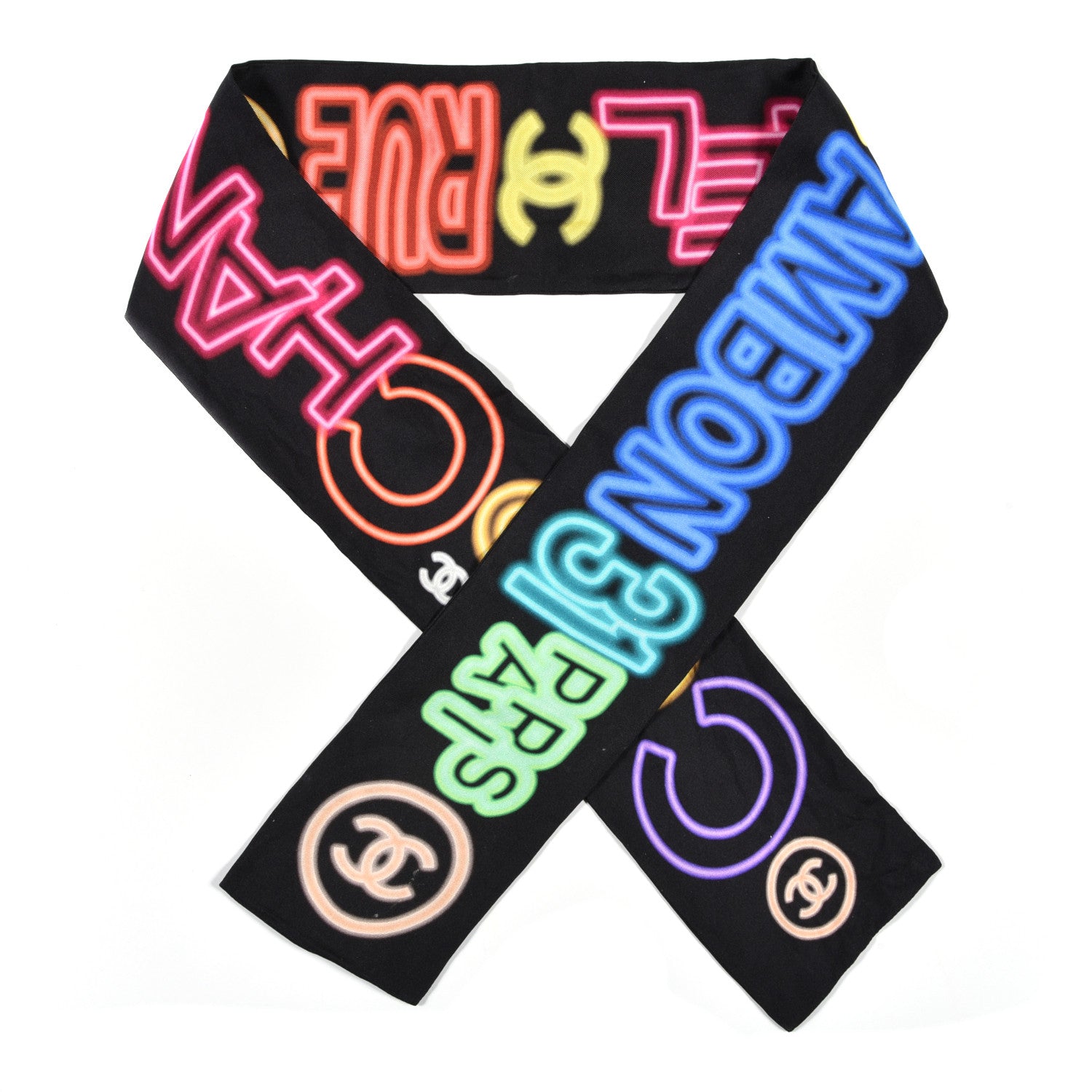 Chanel Silk Neon CC Bandeau Scarf Black Multicolor 1 of 5