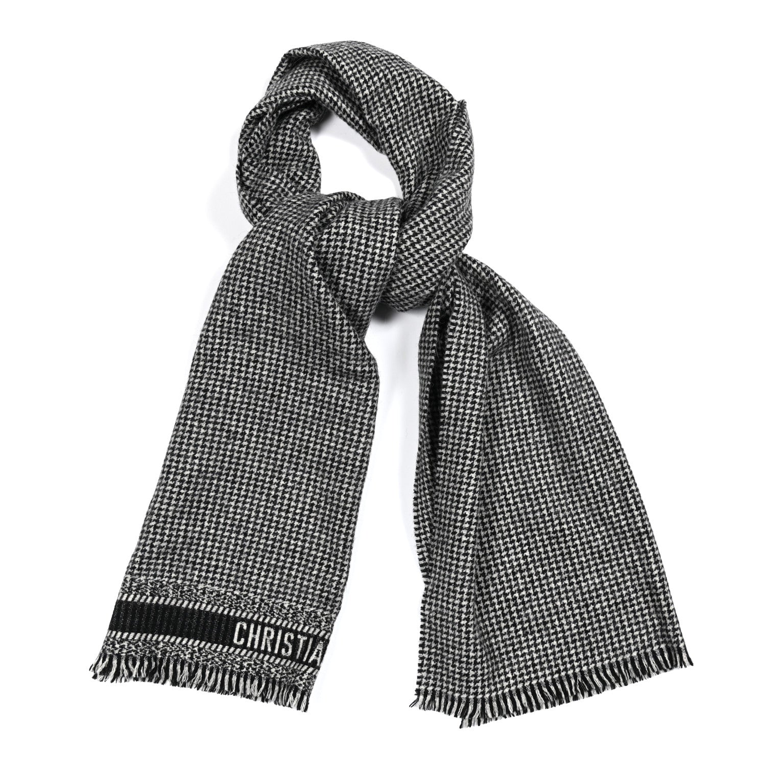 Christian Dior Wool Alpaca Houndstooth Fringe Scarf Black 1 of 3