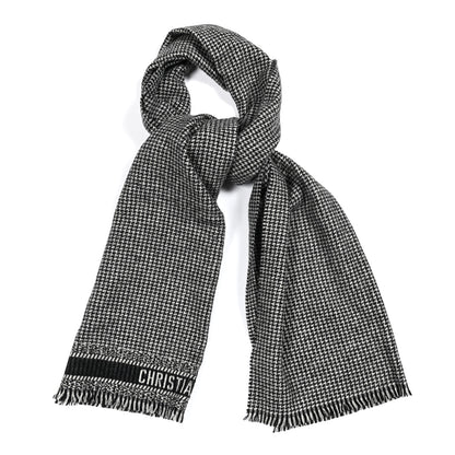 Christian Dior Wool Alpaca Houndstooth Fringe Scarf Black 1 of 3