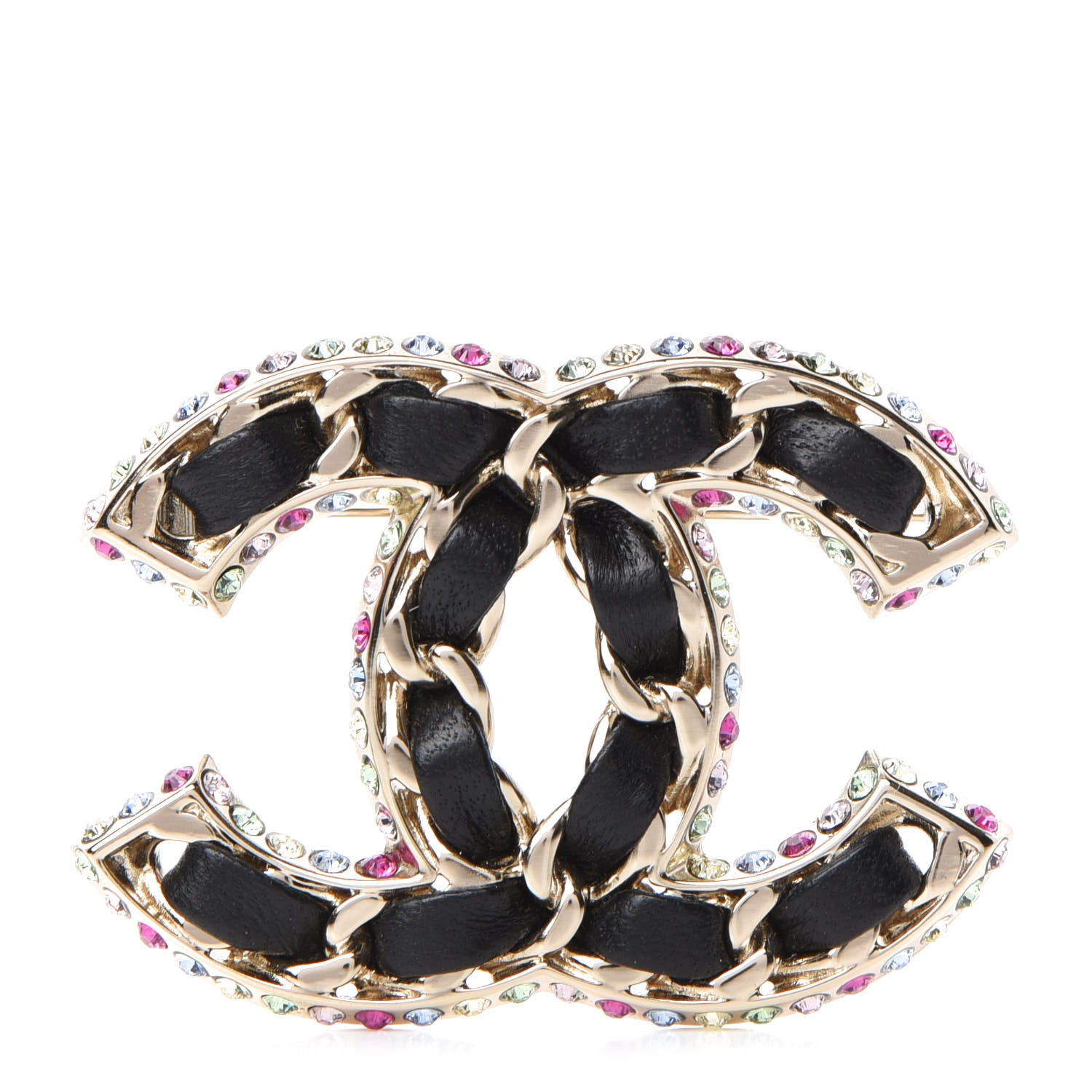 Chanel Lambskin Crystal CC Chain Brooch Black Gold Multicolor 1 of 5