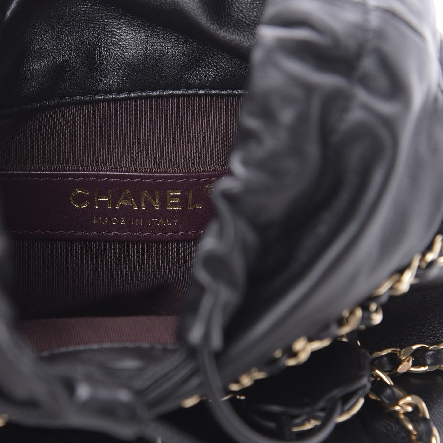 Lambskin Bucket Chain Drawstring Bag Black