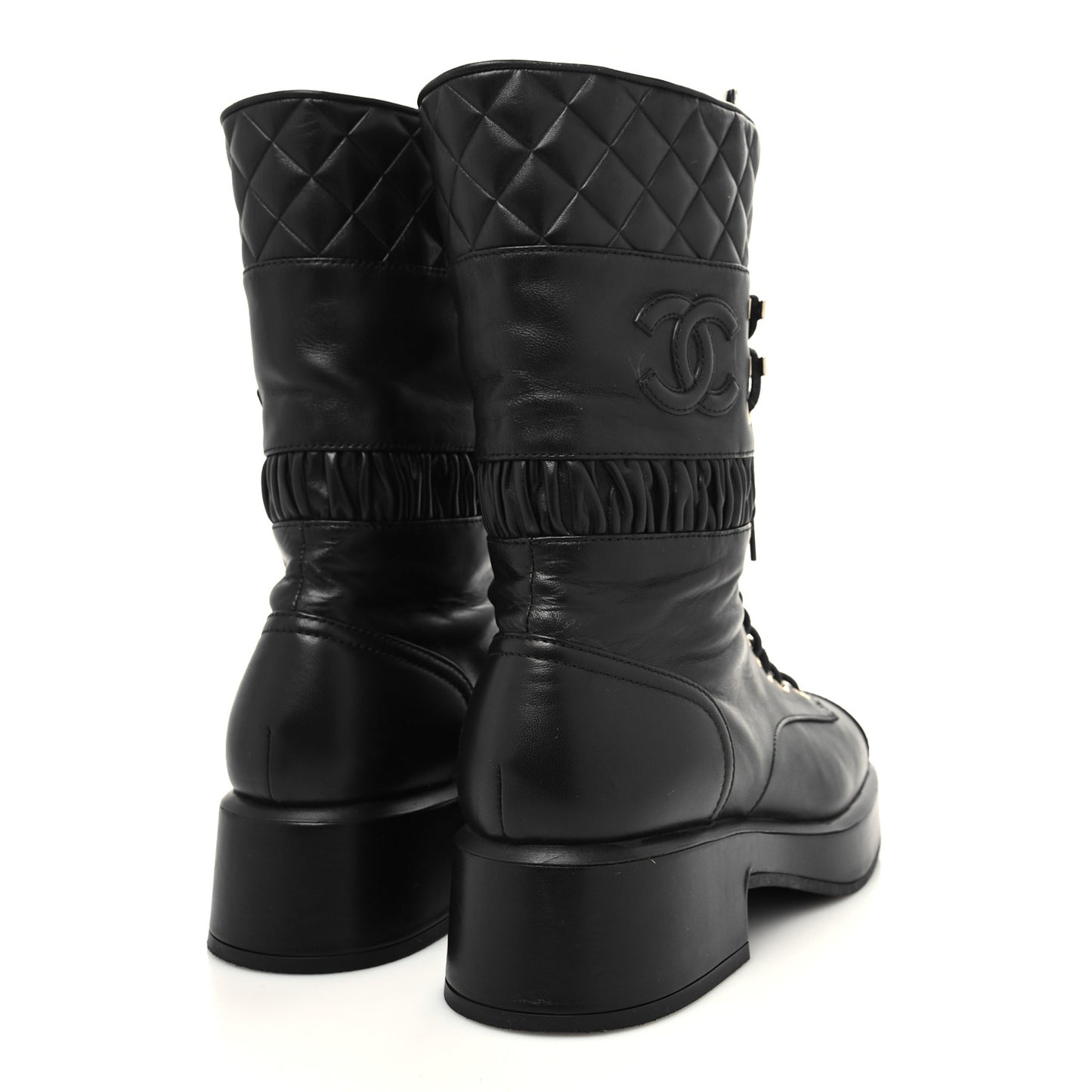 Lambskin Quilted Lace Up Combat Boots 39 Black