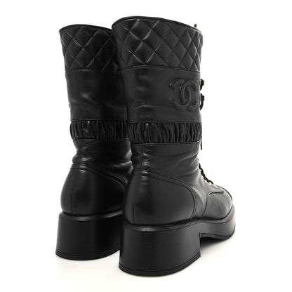 Chanel Lambskin Quilted Lace Up Combat Boots 39 Black 4 of 8