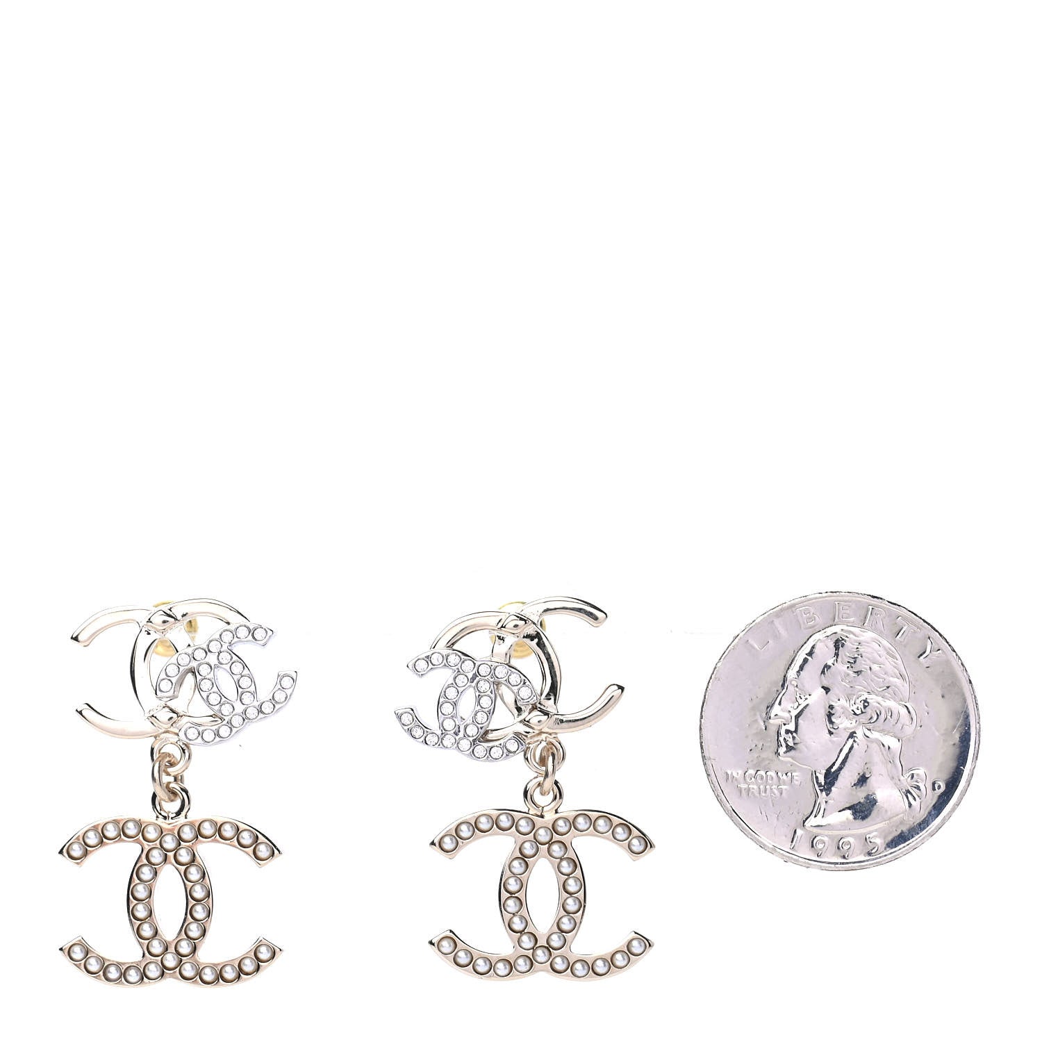 Chanel Crystal Pearl Double CC Drop Earrings Gold Silver 2 of 4