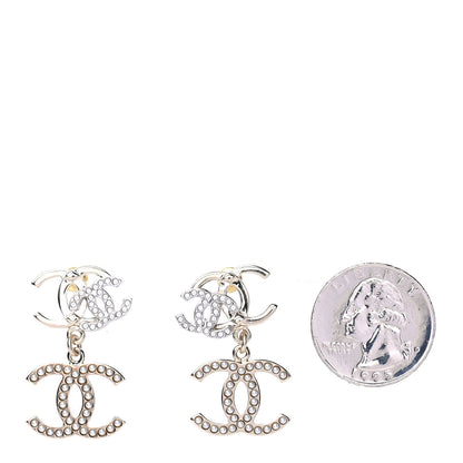 Chanel Crystal Pearl Double CC Drop Earrings Gold Silver 2 of 4