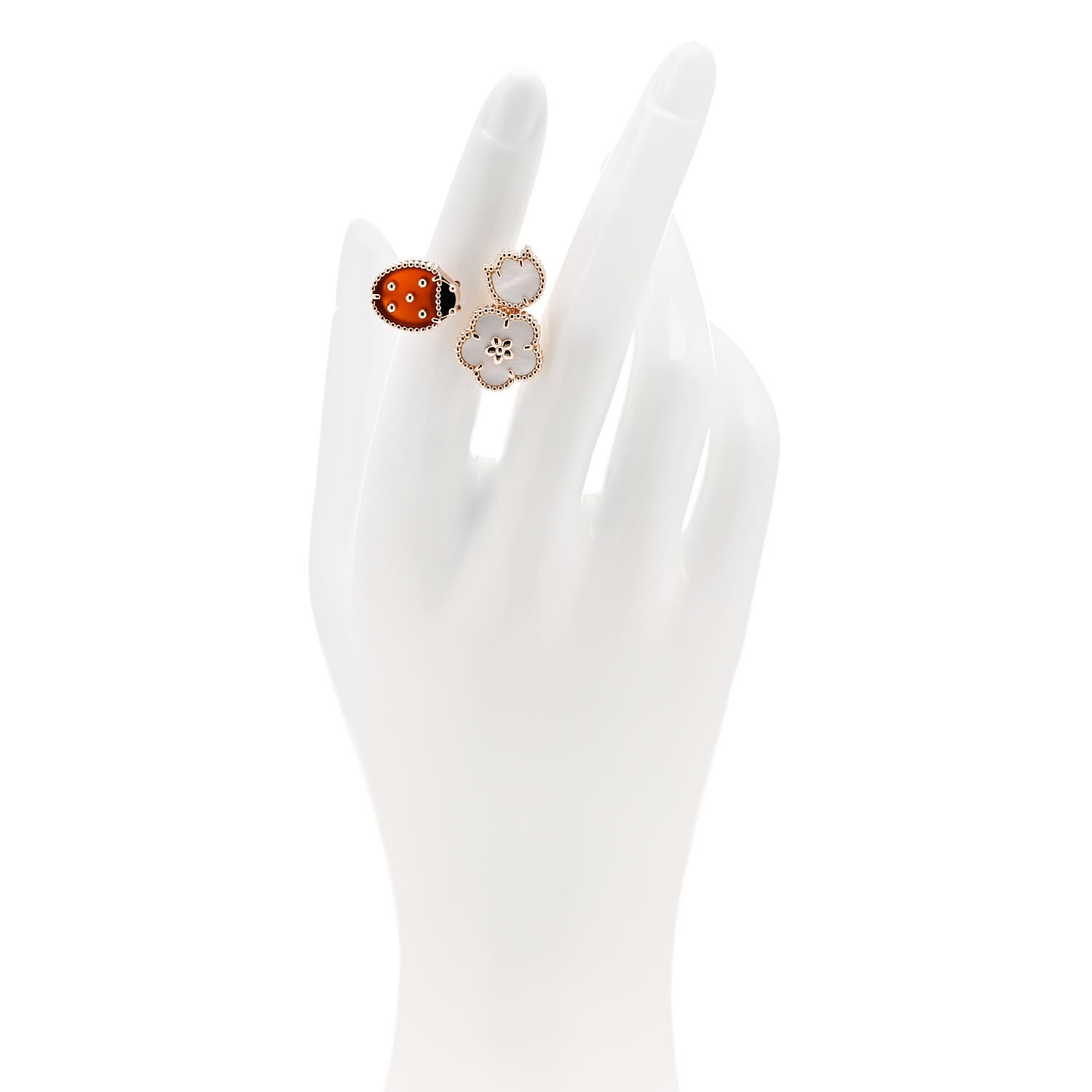 Van Cleef & Arpels 18K Rose Gold Mother of Pearl Carnelian Black Onyx Lucky Spring Between the Finger Ring 48 4.5 2 of 7
