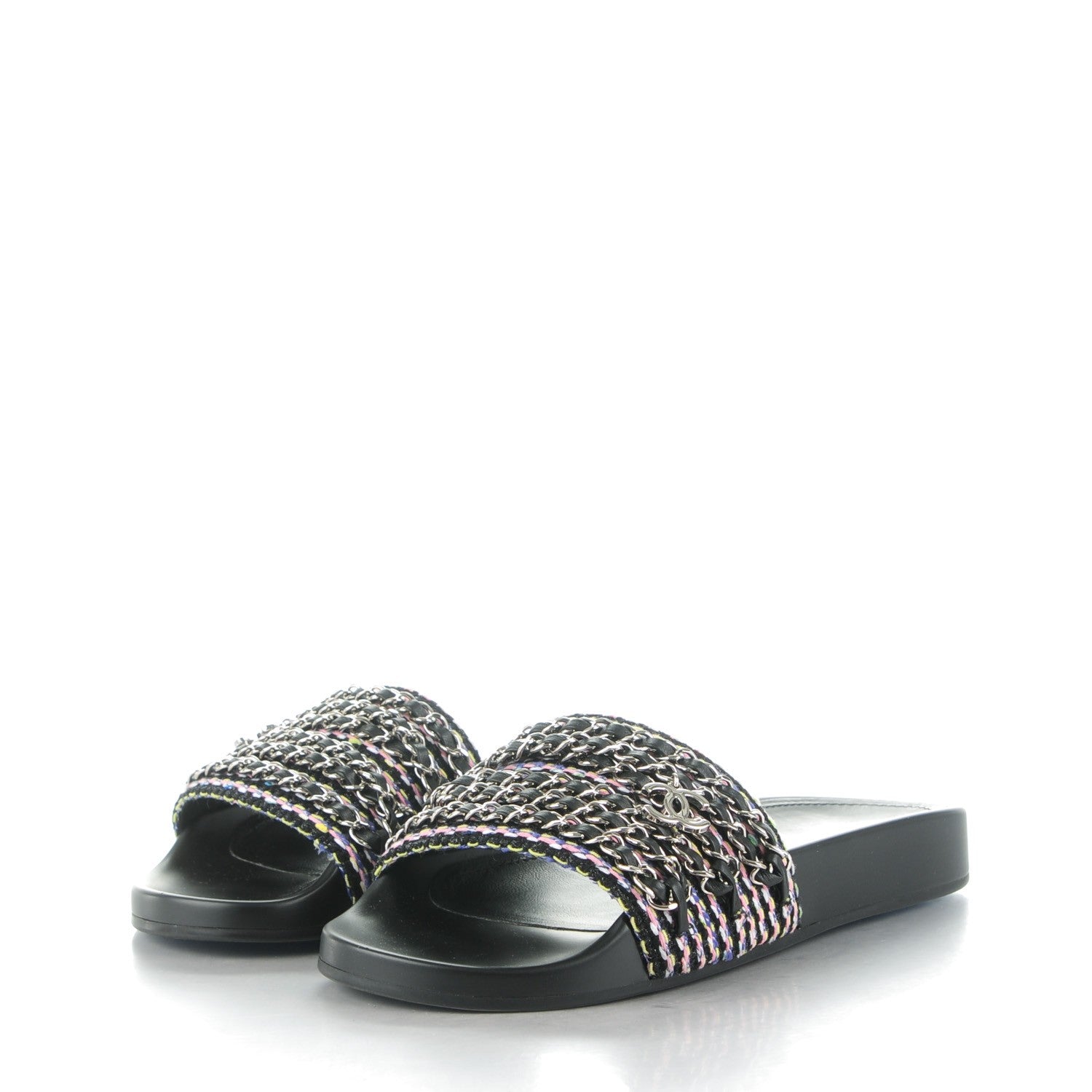 Chanel Tweed Lambskin Chain Flat Sandals 36 Black Multicolor 3 of 8