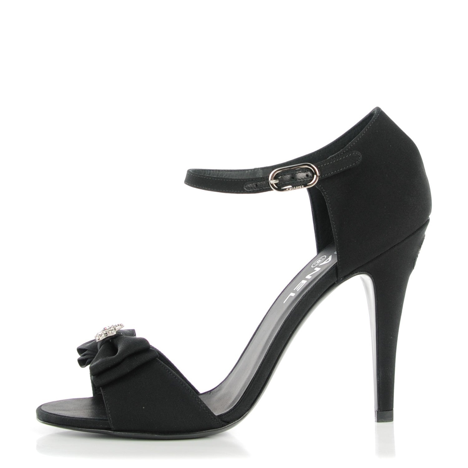 Chanel Crepe Grosgrain Crystal Bow Open Toe Sandals 39 Black 1 of 16