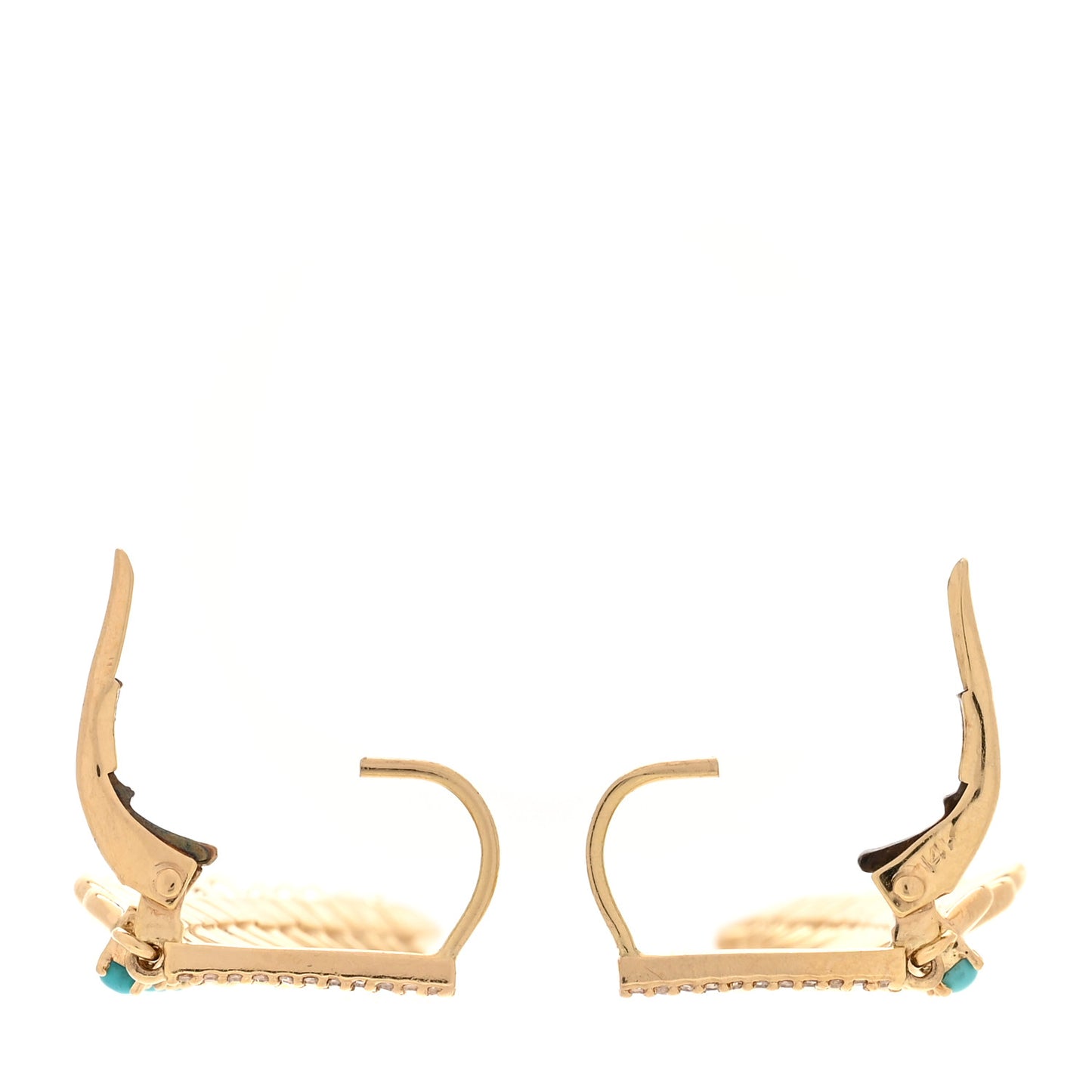 18K Yellow Gold Diamond Turquoise Feather Earrings