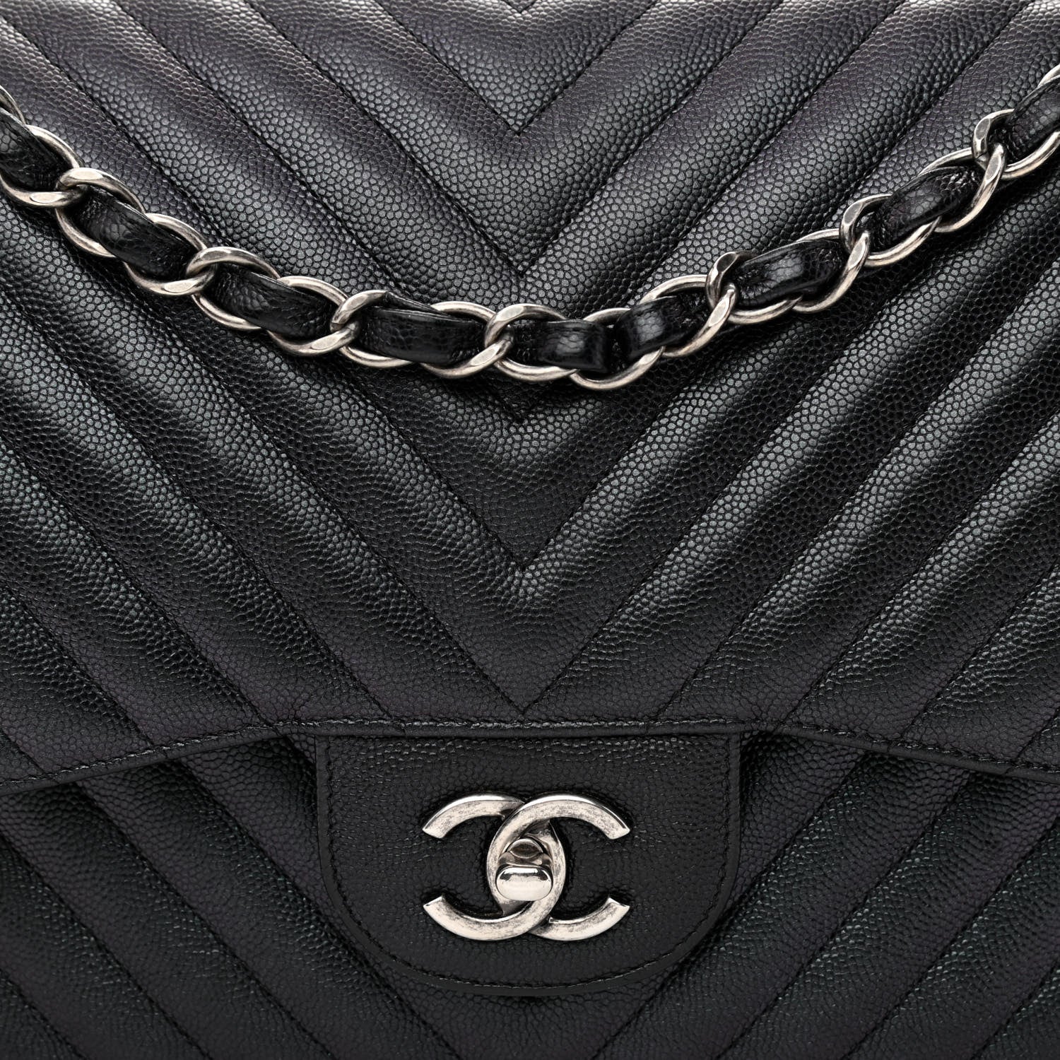 Chanel Iridescent Caviar Chevron Quilted Jumbo Double Flap Black 8 of 11