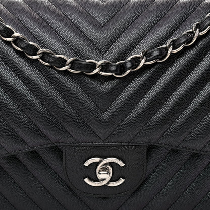 Chanel Iridescent Caviar Chevron Quilted Jumbo Double Flap Black 8 of 11