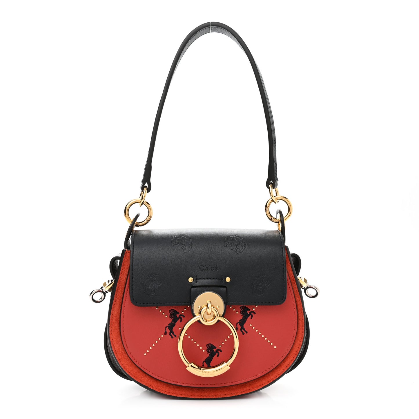 Calfskin Little Horses Embroidered Baroque Small Tess Bag Earthy Red