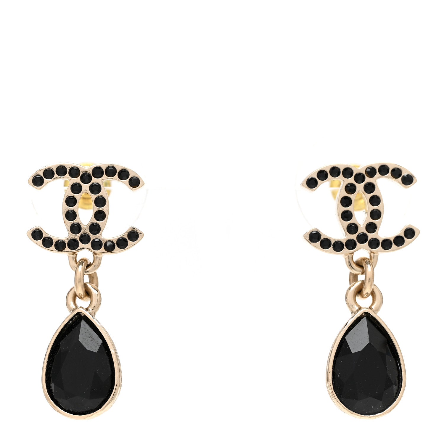 Chanel Crystal CC Drop Earrings Gold Black 1 of 5