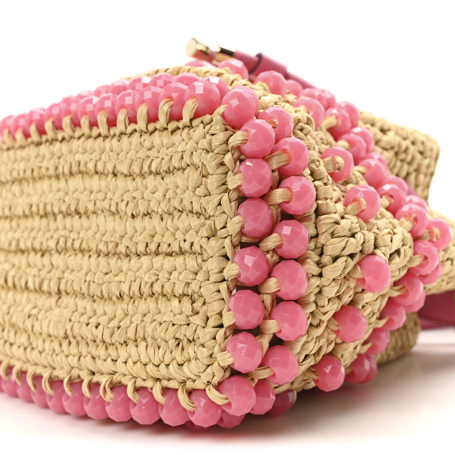 Jimmy Choo Calfskin Raffia Beaded Bon Bon Bucket Bag Beige Pink 10 of 10