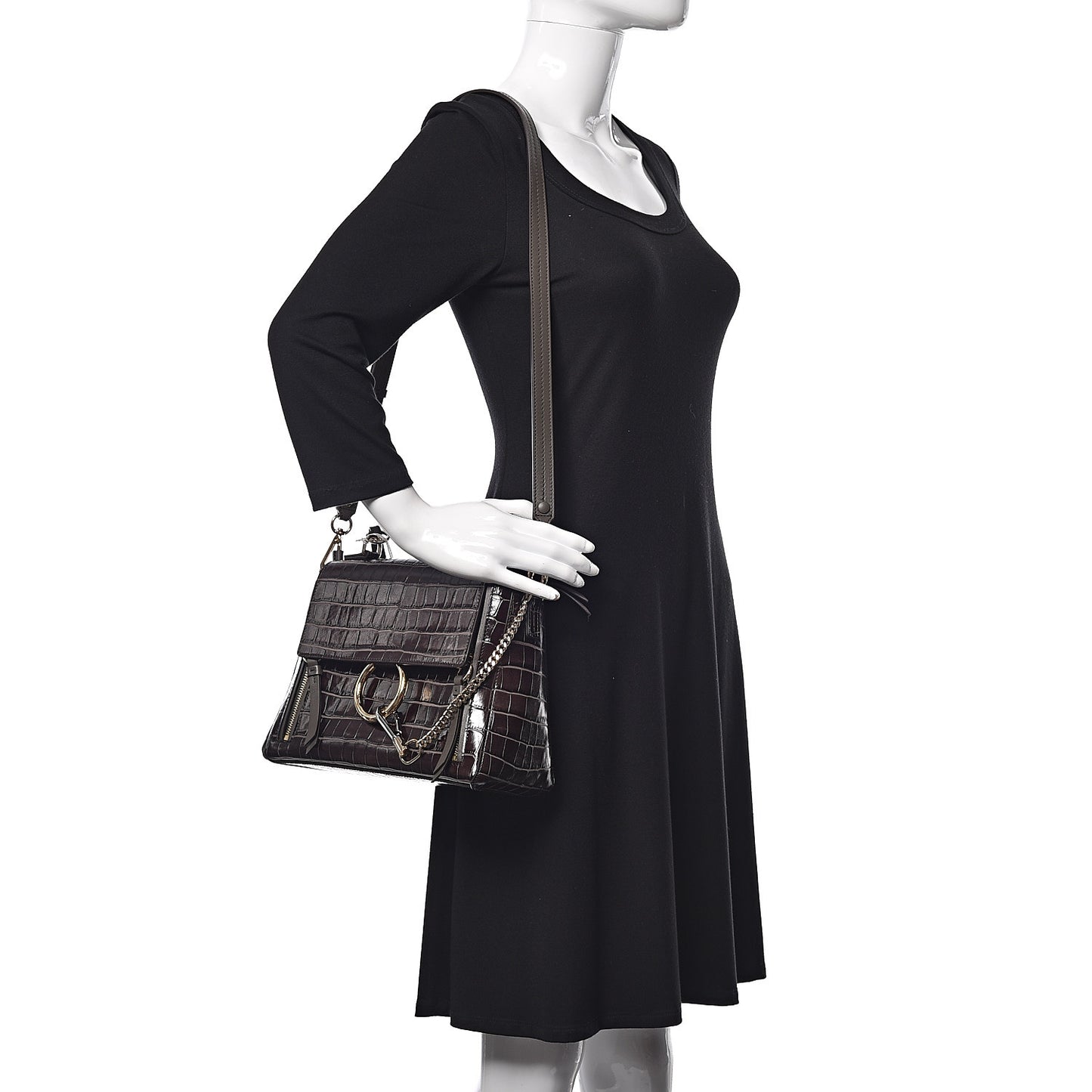 Calfskin Crocodile Embossed Small Faye Day Shoulder Bag Profound Brown