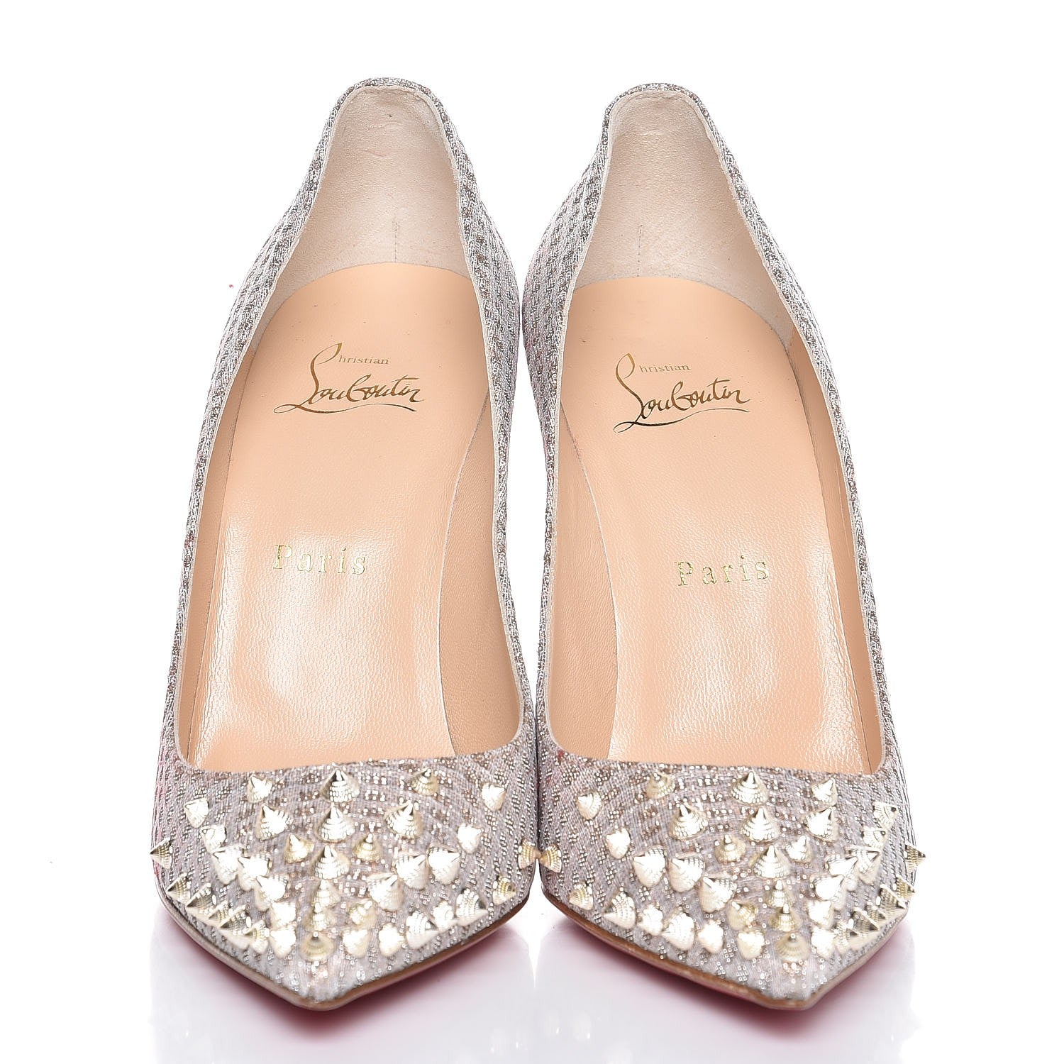 Christian Louboutin Quadro Lurex Spikeyshell 100 Pumps 37.5 Nude White Gold 2 of 9