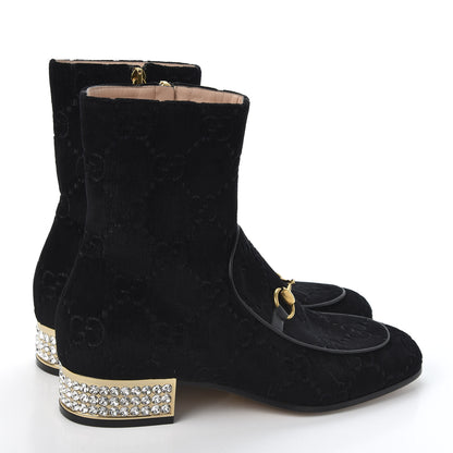 Gucci Velvet GG Monogram Crystal Horsebit Ankle Boots 38 Black 4 of 9