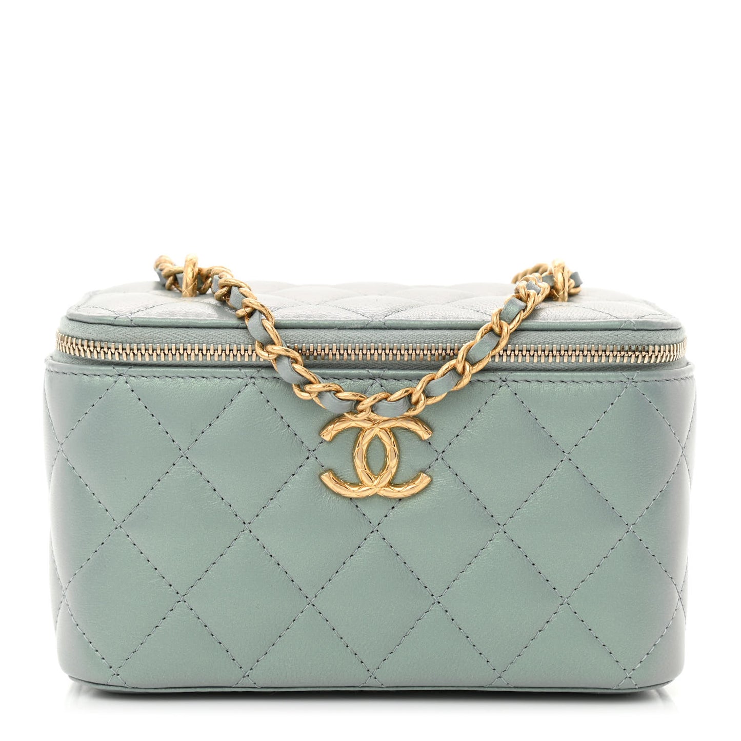 Metallic Lambskin Quilted Small CC Dynasty Vanity Case With Chain Grey