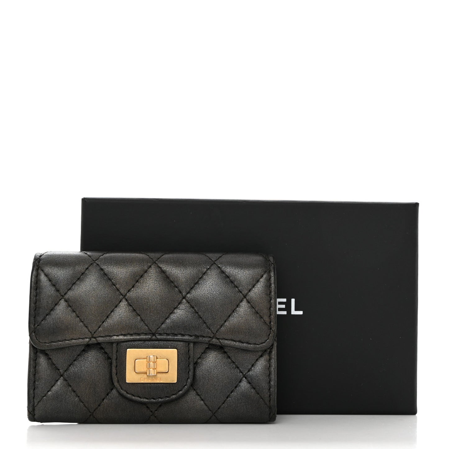 Metallic Calfskin Quilted Reissue Card Holder Wallet Charcoal