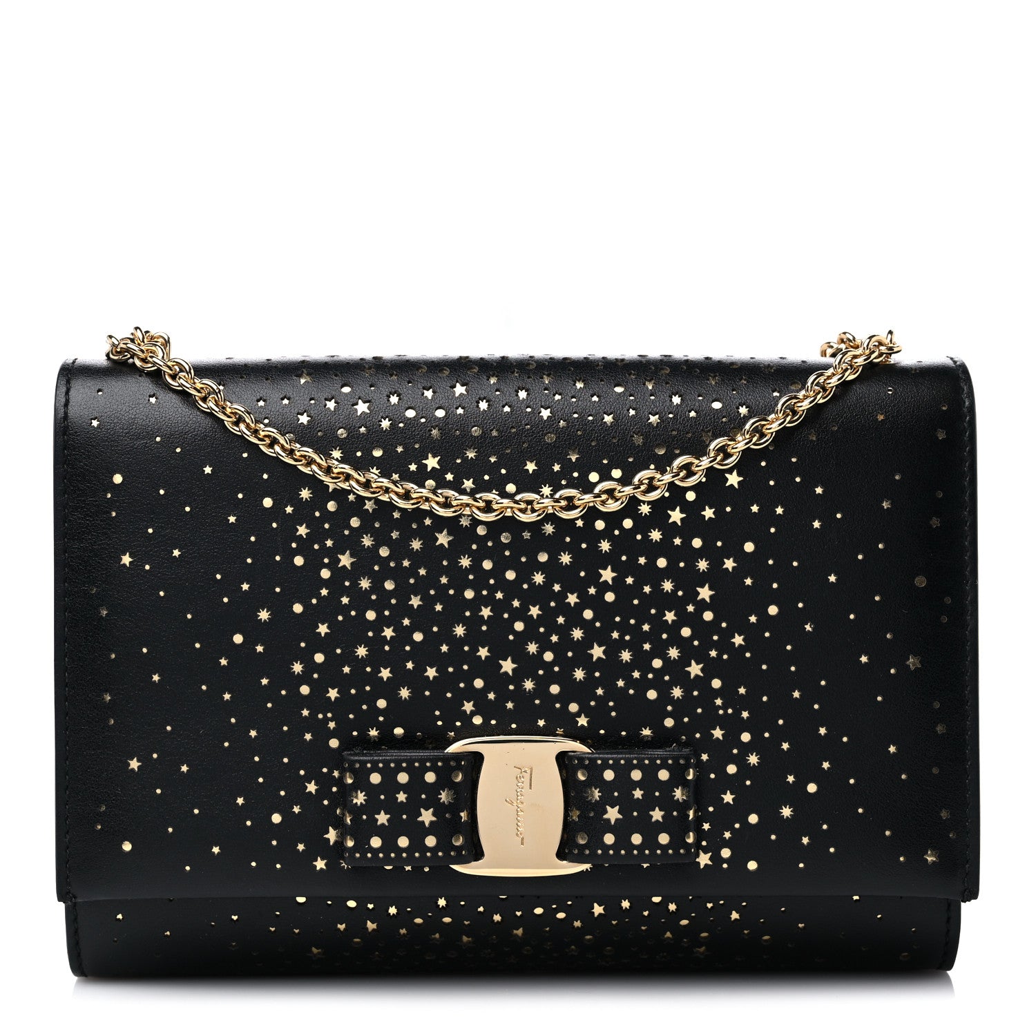Salvatore Ferragamo Laser Cut Calfskin Vara Bow Shoulder Bag Black 1 of 9