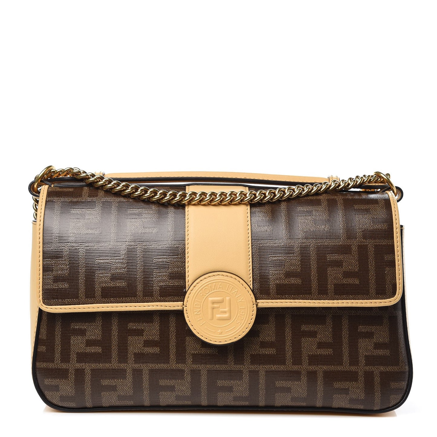 Vitello Grace Glazed Fabric FF 1974 Double F Shoulder Bag Alchemy Mogano Panna